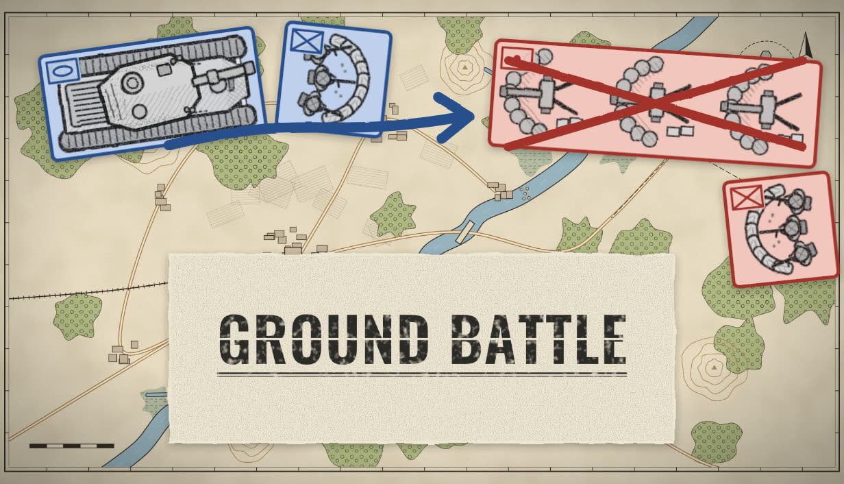 Game key art: unit pieces and a strike arrow